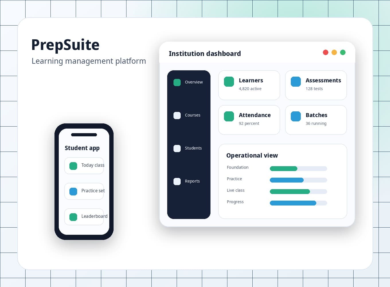 PrepSuite LMS dashboard and student app mockup.